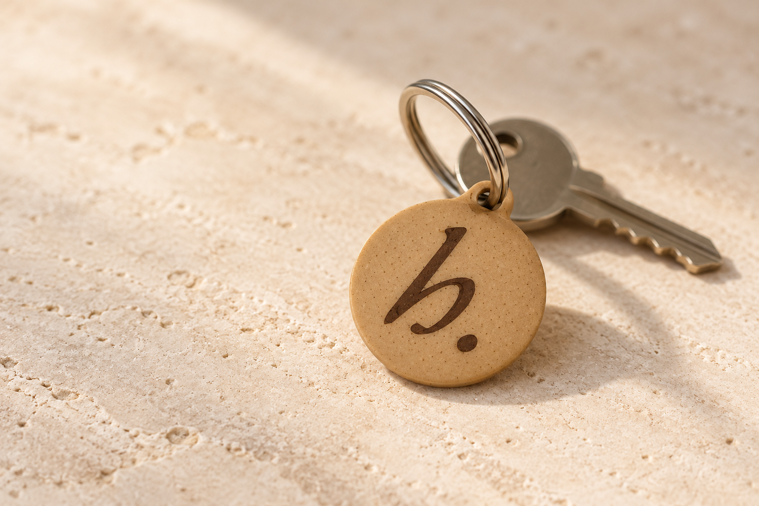 Actual client tag, showing the physical keyring at the heart of HairTag